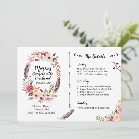 Boho Bachelorette Weekend Itinerary Invitation Kaart (Staand voorkant)
