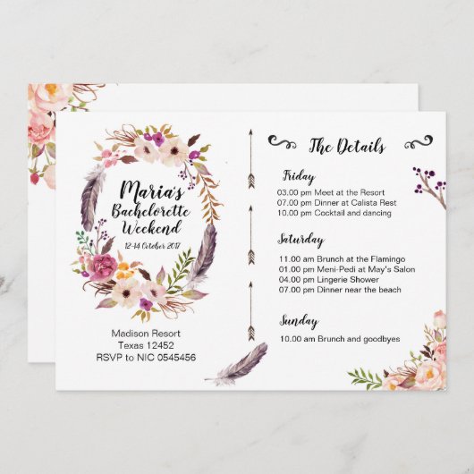 Boho Bachelorette Weekend Itinerary Invitation Kaart (Voorkant / Achterkant)