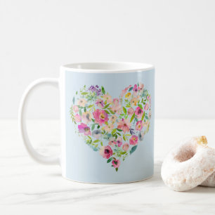 Boho Bailee   Blue Pastel Floral Heart Initiaal Koffiemok