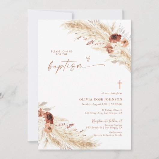 Boho Baptism Invite, Pampas Grass Boho Christening Kaart (Voorkant)