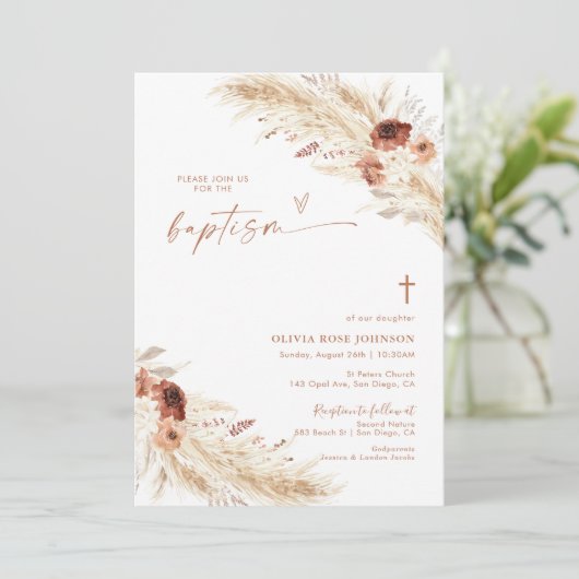 Boho Baptism Invite, Pampas Grass Boho Christening Kaart (Staand voorkant)
