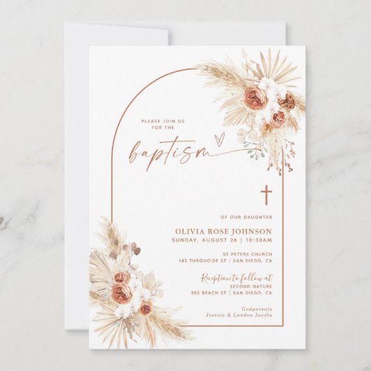 Boho Baptism Invite, Pampas Grass Boho Christening Kaart (Voorkant)