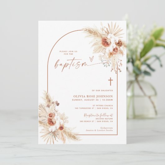 Boho Baptism Invite, Pampas Grass Boho Christening Kaart (Staand voorkant)