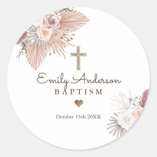 Boho Baptism Pampas Grass Christening Favor Ronde Sticker (Voorkant)
