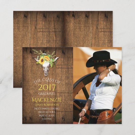 Boho Barnwood Zonnebloemen Schedel Foto Afstuderen Aankondiging (Voorkant / Achterkant)