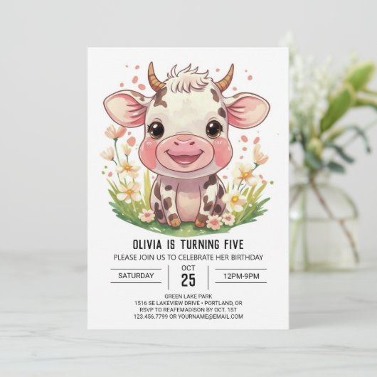 Boho Barnyard Roze Koe Verjaardag Kaart (Staand voorkant)