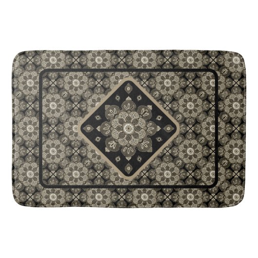 Boho Bathmat Sepia en zwarte medaillons op zwart Badmat (Voorkant)
