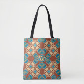 Boho Batik Cool Earth Blauw Bruin Patroon Monogram Tote Bag (Voorkant)