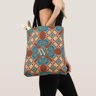 Boho Batik Cool Earth Blauw Bruin Patroon Monogram Tote Bag