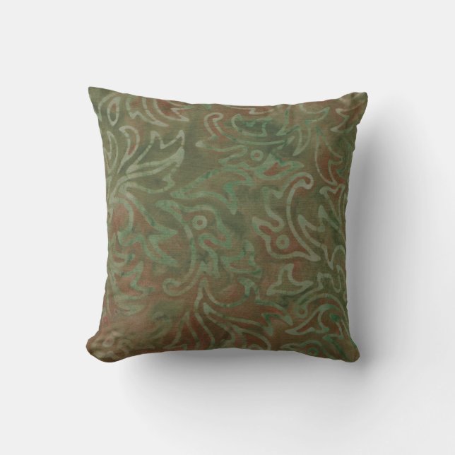 Boho Batik Green en Rust Foliage Pattern Buitenkussen (Voorkant)