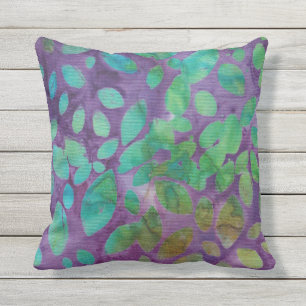 Boho Batik Green Paarse Leaf Shapes Abstract Buitenkussen