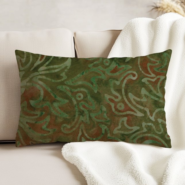 Boho Batik Groen en Roest Bladpatroon Accent Kussen (Creator heeft geüpload)