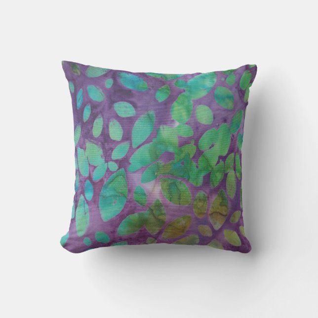 Boho Batik Groen Paarse Bladvormen Abstract Buitenkussen (Voorkant)