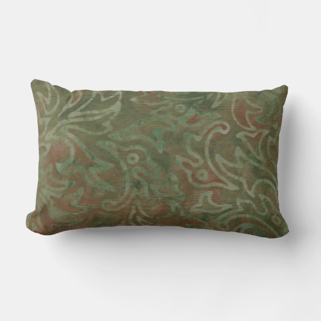 Boho Batik Groen Roestig Bladpatroon Buitenkussen (Voorkant)