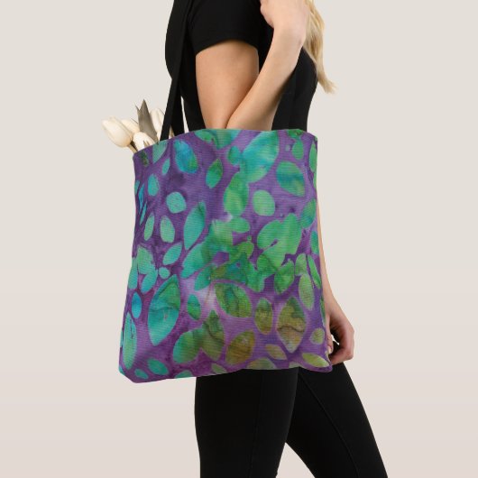 Boho Batik Paars Groen Abstract Blad Patroon Tote Bag (Dichtbij)