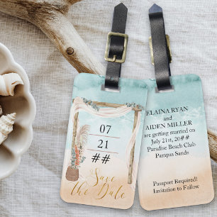 Boho Beach Arbor Bestemming Bruiloft Save the Date Bagagelabel