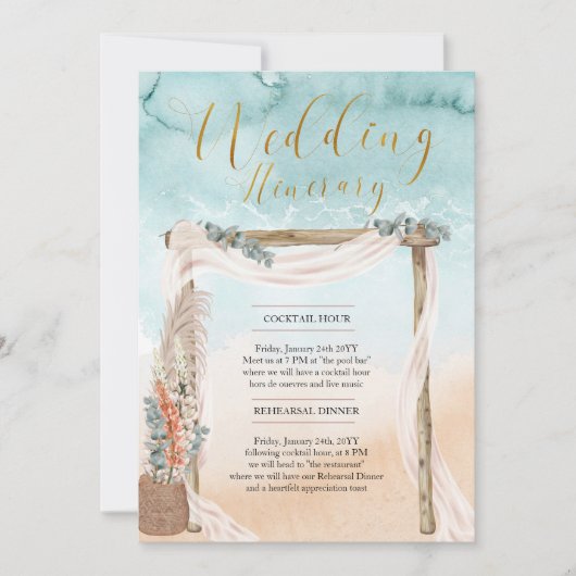 Boho Beach Arbor Ocean Wedding Itinerary Kaart (Voorkant)