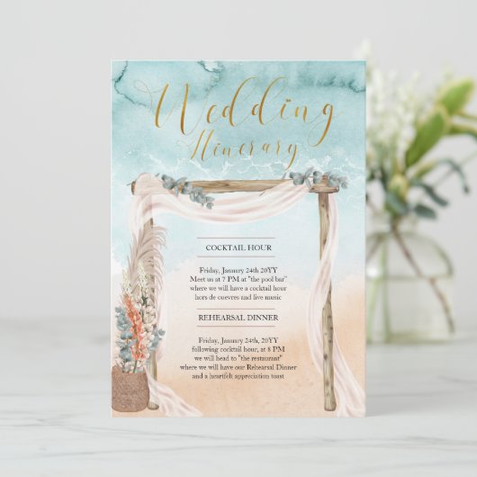 Boho Beach Arbor Ocean Wedding Itinerary Kaart (Staand voorkant)