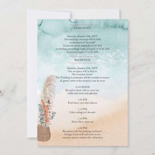 Boho Beach Arbor Ocean Wedding Itinerary Kaart (Achterkant)
