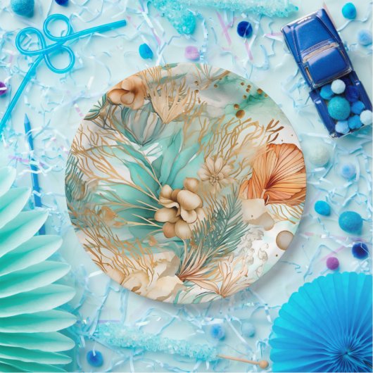 Boho Beach Bloemen Blauwe Perzik Bruiloft Papieren Bordje (Feest)