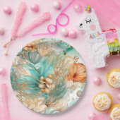 Boho Beach Bloemen Blauwe Perzik Bruiloft Papieren Bordje (Feest)