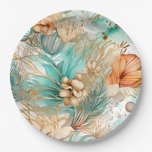 Boho Beach Bloemen Blauwe Perzik Bruiloft Papieren Bordje (Voorkant)