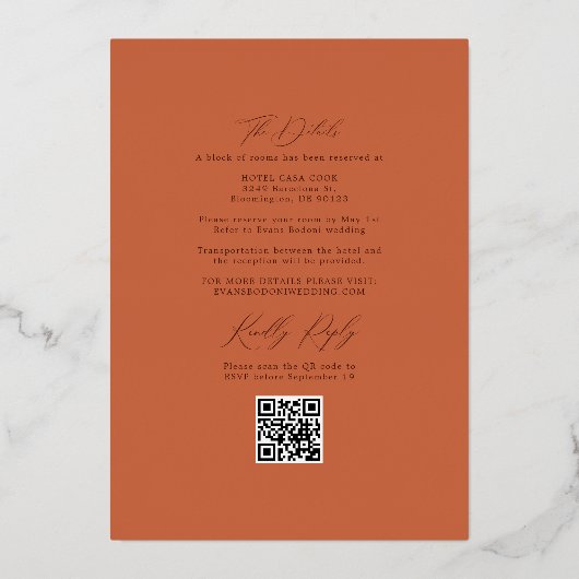 Boho Beach Coastal & RSVP QR Code Weddenschap Gold Folie Uitnodiging (Achterkant)