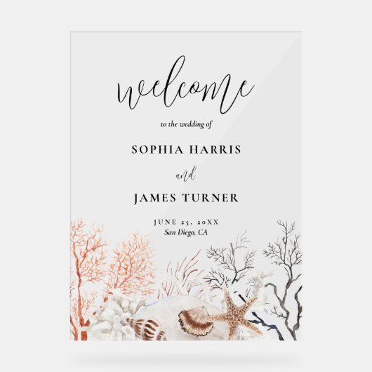 Boho Beach Coral Reef Bruiloft Welkom Acryl Bord (Voorkant)