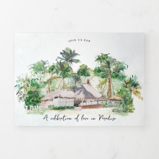 Boho Beach | Geïllustreerde bruiloft Drieluik Uitnodiging (Cover)