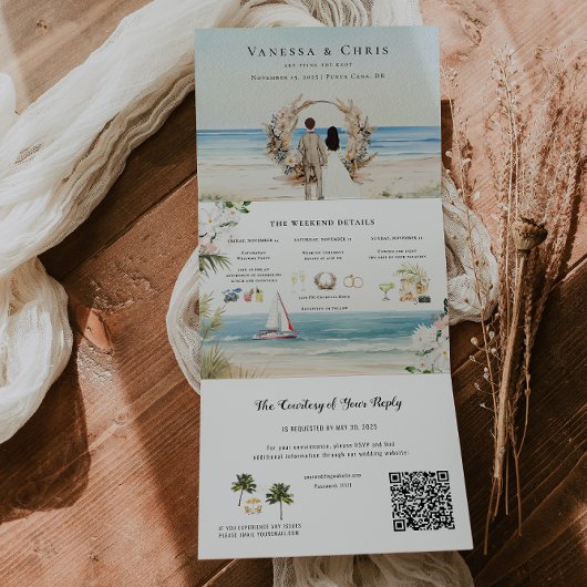 Boho Beach | Getrouwde Illustratie Drieluik Uitnodiging
