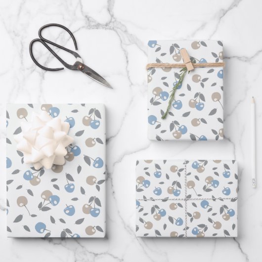 Boho Beach Kersen - beige blauw fruit patroon. Inpakpapier Vel (Voorkant)