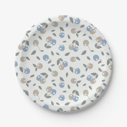 Boho Beach Kersen - beige blauwe fruitpatroon. Papieren Bordje (Voorkant)