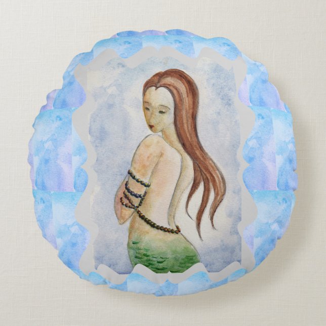 Boho Beach Mystieke Zeemeermin Waterverf Rond Kussen (Voorkant)