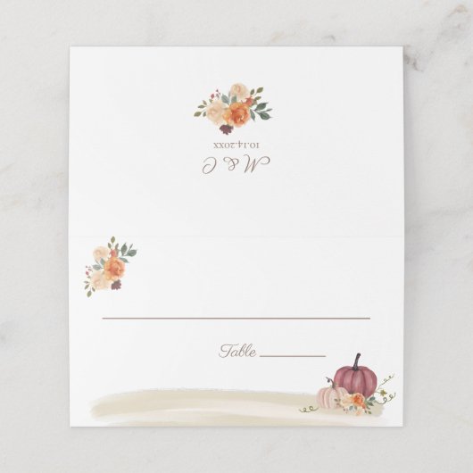 Boho Beach Pumpkin Floral Wedding Table Plaatskaartje (Buitenkant ongevouwen)