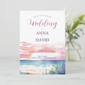 Boho Beach Sunrise Waterverf Bestemming Bruiloft Kaart (Staand voorkant)