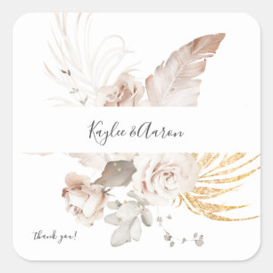 Boho Beach Tropisch Beige Bloemige Dank Je Vierkante Sticker