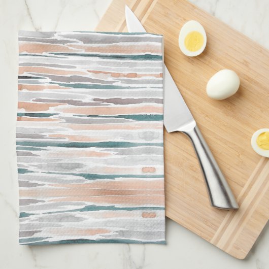 Boho Beach Waterverf Stripes Blauwgroen Peach Blee Theedoek (Quarter Fold)