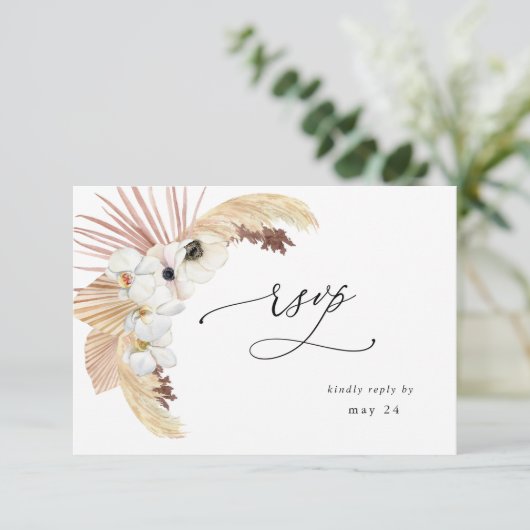 Boho Beach White Floral w Meal RSVP Kaartje (Staand voorkant)