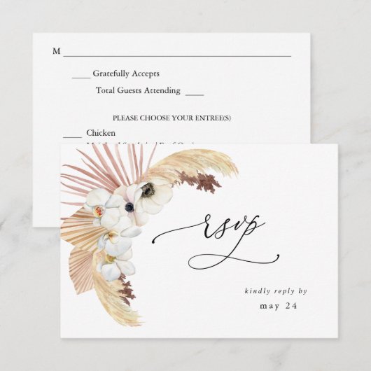 Boho Beach White Floral w Meal RSVP Kaartje (Voorkant / Achterkant)