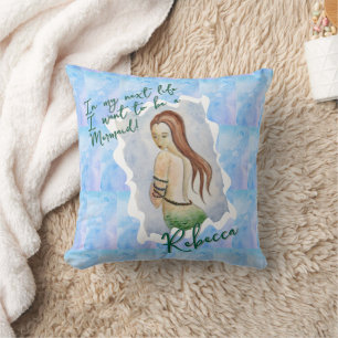 Boho Beach Zeemeermin Blauw Waterverf Op Maat Kussen
