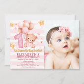 Boho Bear 1st Birthday Girl with Photo  Kaart (Voorkant)
