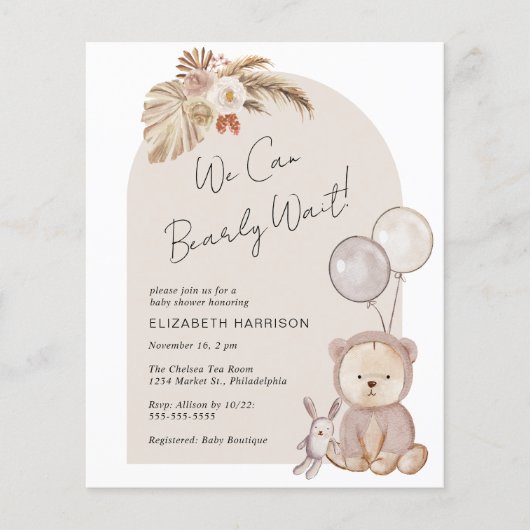 Boho Bearly Wait Teddy Bear Baby shower Invitation (Voorkant)