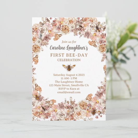 Boho Bee Waterverf Wildflower First Bee Day Kaart (Staand voorkant)