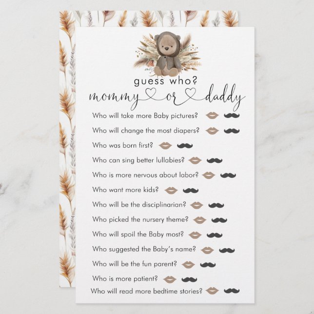 Boho Beer Baby shower "Raad eens wie" spel (Voorkant / Achterkant)