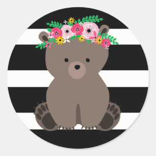 Boho Beer Black + White Stripe Baby shower Ronde Sticker