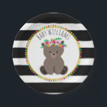 Boho Beer Cardstock geïnspireerd op aangepast Baby Papieren Bordje<br><div class="desc">Borden op papier van baby shower,  voorzien van een afbeelding van een baby-beer met een bloemkroon in een cirkel met een pompom geïnspireerd ontwerp.  De achtergrond is zwarte en witte strepen. Pas de naam aan.</div>