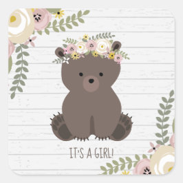 Boho Beer Grijs Hout Baby shower Vierkante Sticker