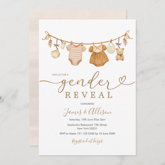 Boho Beer Rustic Baby Clothesline Genderonthulling Kaart (Voorkant / Achterkant)