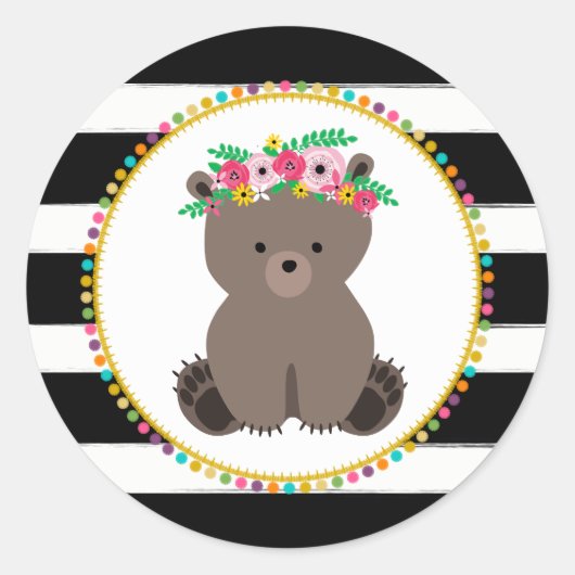 Boho Beer Striped Pompom geïnspireerd Baby shower Ronde Sticker (Voorkant)
