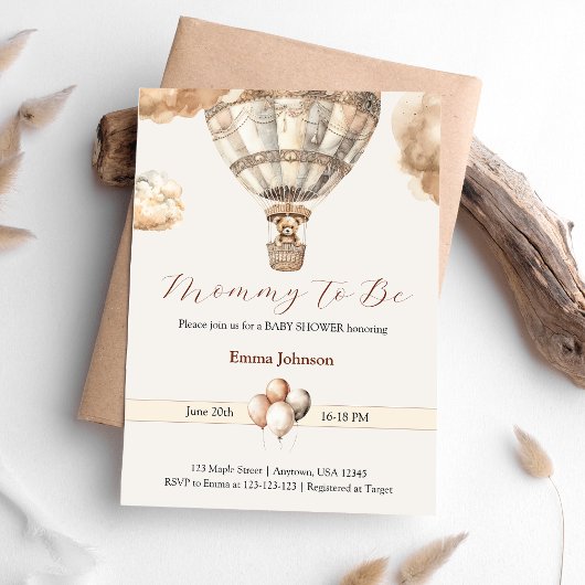 Boho Beige Beer Hete Luchtballon Wolken Baby showe Kaart